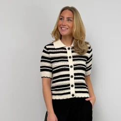 Co'couture cardigan - Odette Stripe SS offwhite/black